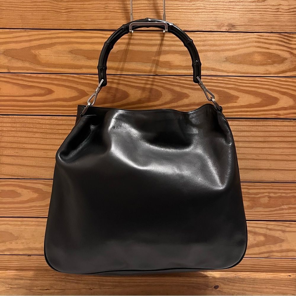 AUTH GUCCI GG black leather bamboo handles bag vintage retro minimalist NO STRAP
